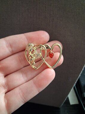 Double Heart Angel brooch